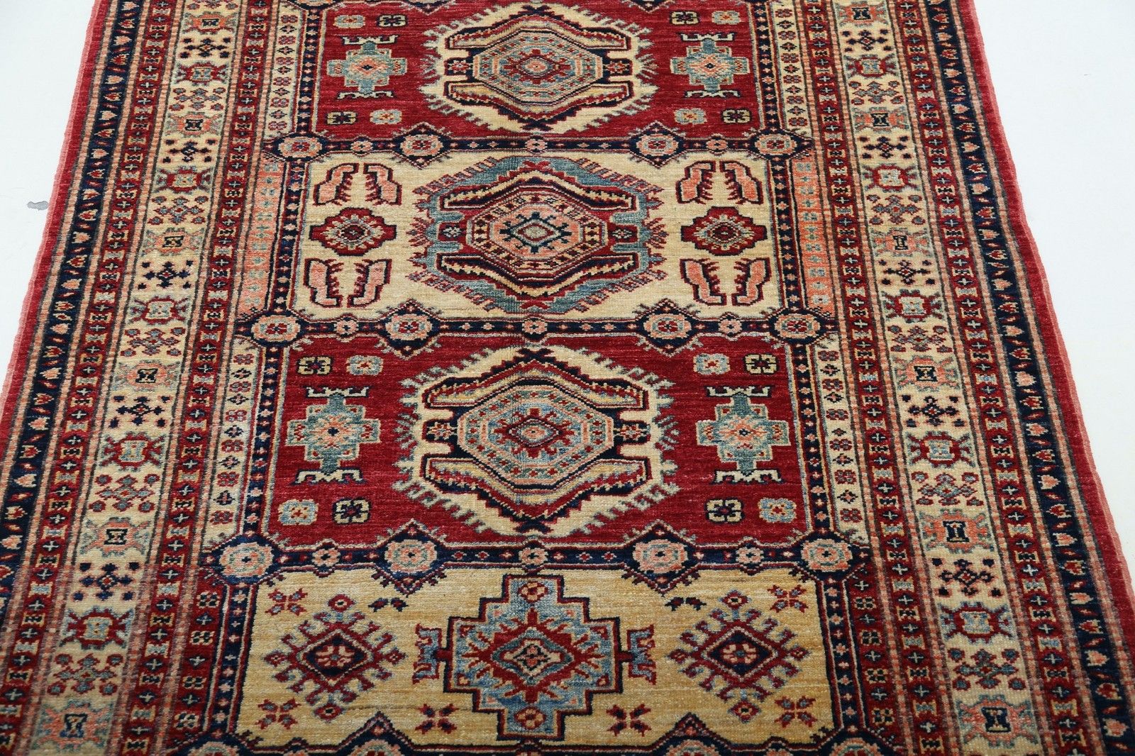 4x5.6 Ft Handmade Red, Navy Blue, Ivory Wool Rug With Geometric Medallion Design photo 1045.0
