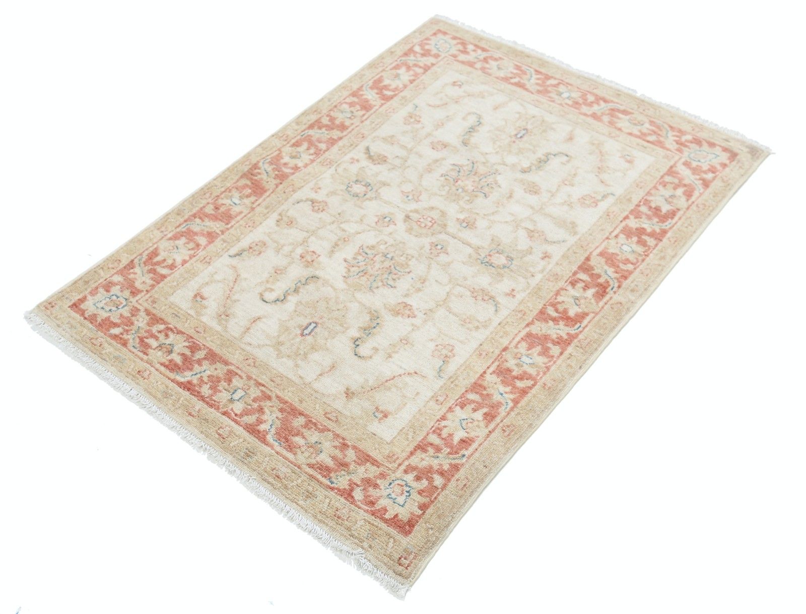 2.8x4 Ft Handknotted Beige Accent Rug, Red Border Wool Rug With Floral Design photo for sale