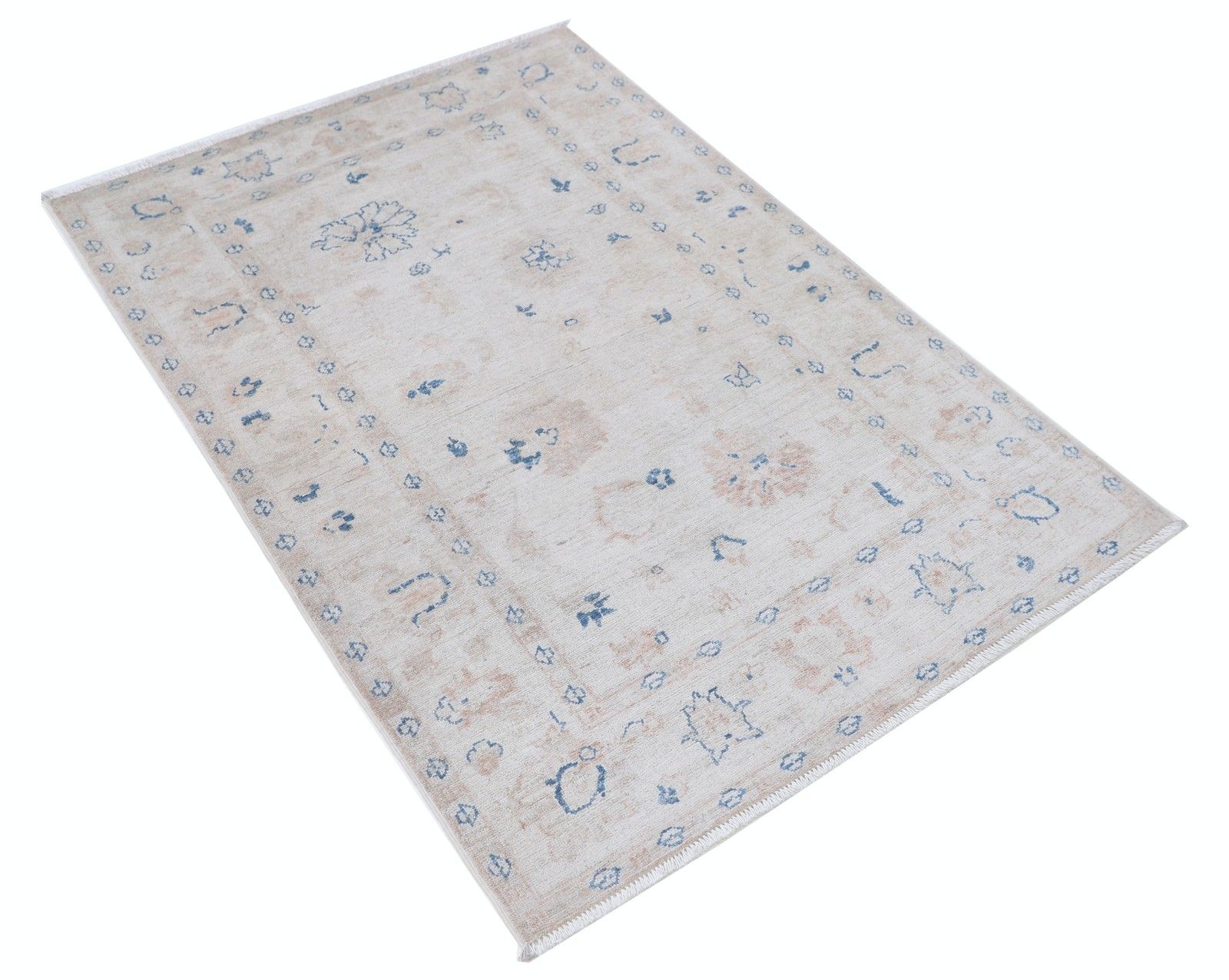 Tapis en laine noué à la main, 1 x 1,46 m. Petit tapis beige à motif floral sur toute la surface photo furniture
