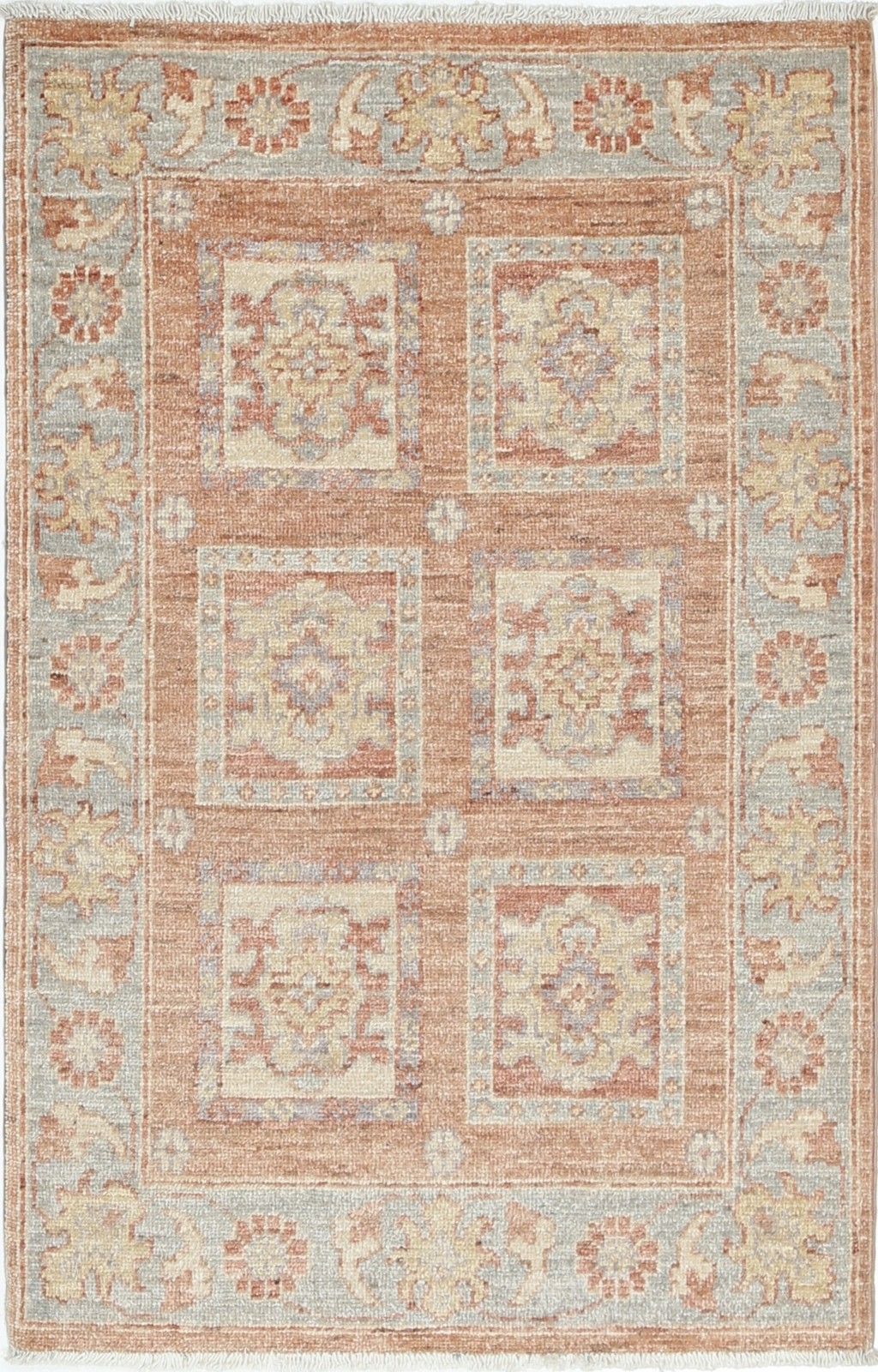 Tapis en laine turc noué à la main, rouge, beige, bleu clair et ivoire, 64 x 100 cm