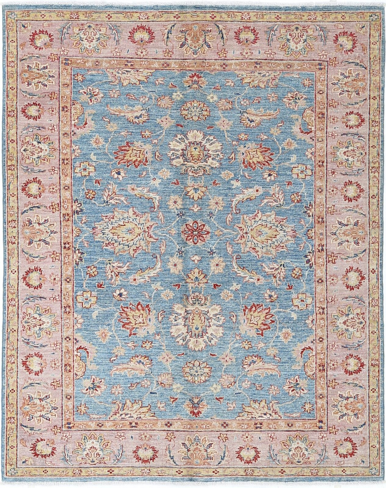 5x6.2 Ft Handmade Floral Oushak Rug With Blue Field And Pink Border. 100% Wool