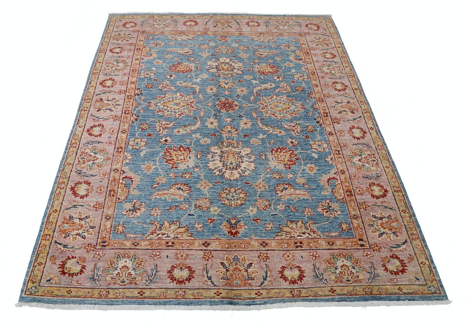 5x6.2 Ft Handmade Floral Oushak Rug With Blue Field And Pink Border. 100% Wool photo for sale