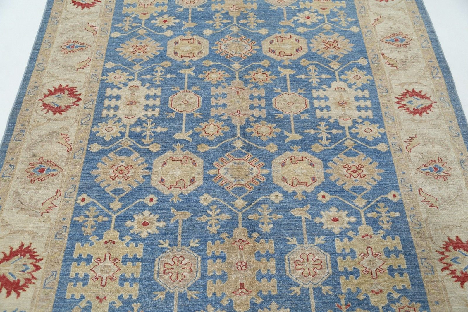 5,5 x 7,8 ft handgeknoopt bloemmotief Oushak vloerkleed in blauw en beige. 100% wol photo 2061.0