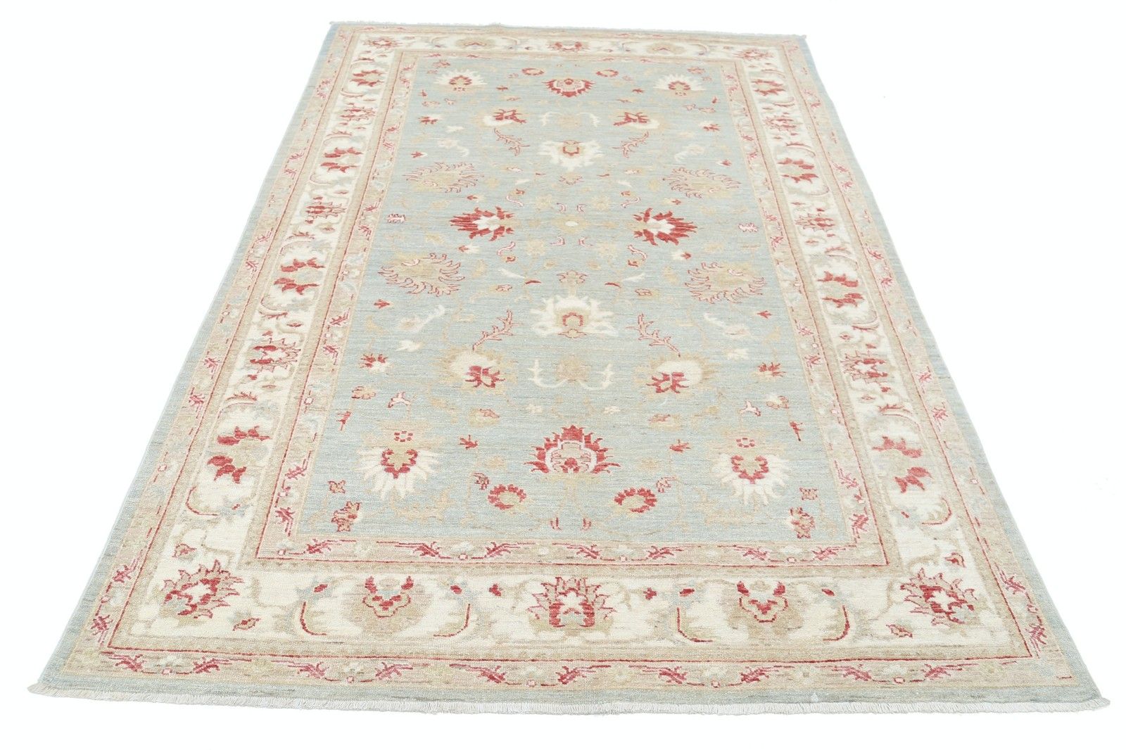 Tapis en laine noué à la main, bleu clair et beige, à motifs floraux, 1,61 x 2,42 m photo Textiles