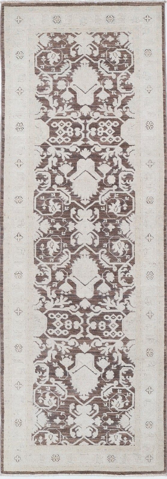 2.6x8 Ft Hand Knotted Turkish Kitchen Runner Rug In Beige, Brown. Corridor Rug
