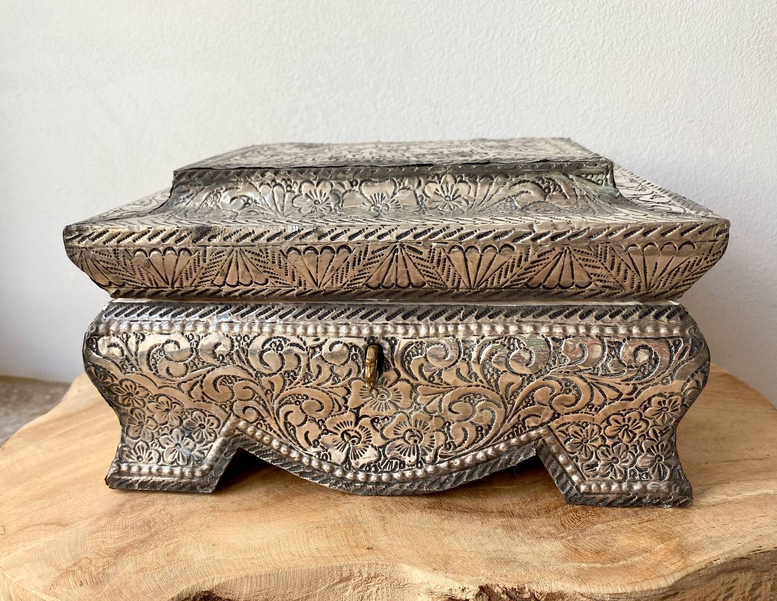 Vintage French Wood And Metal Jewelry Box, White Tufted Silk, Trinket Box photo furniture