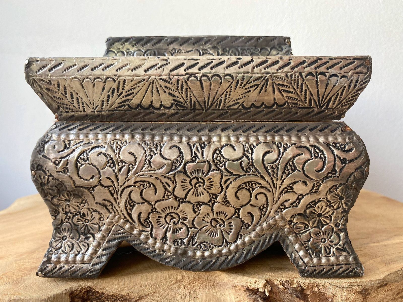 Vintage French Wood And Metal Jewelry Box, White Tufted Silk, Trinket Box photo vinterior