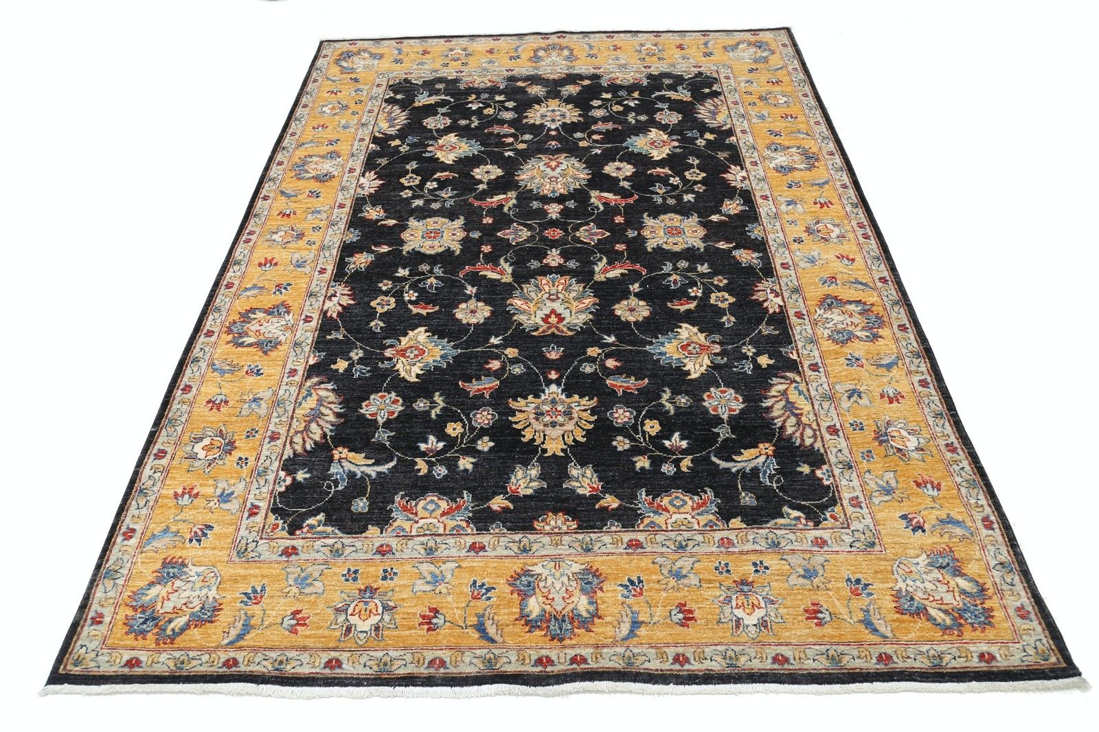5.6x7.8 Ft Handknotted Floral Area Rug With Black Field & Mustard Yellow Border photo Textiles
