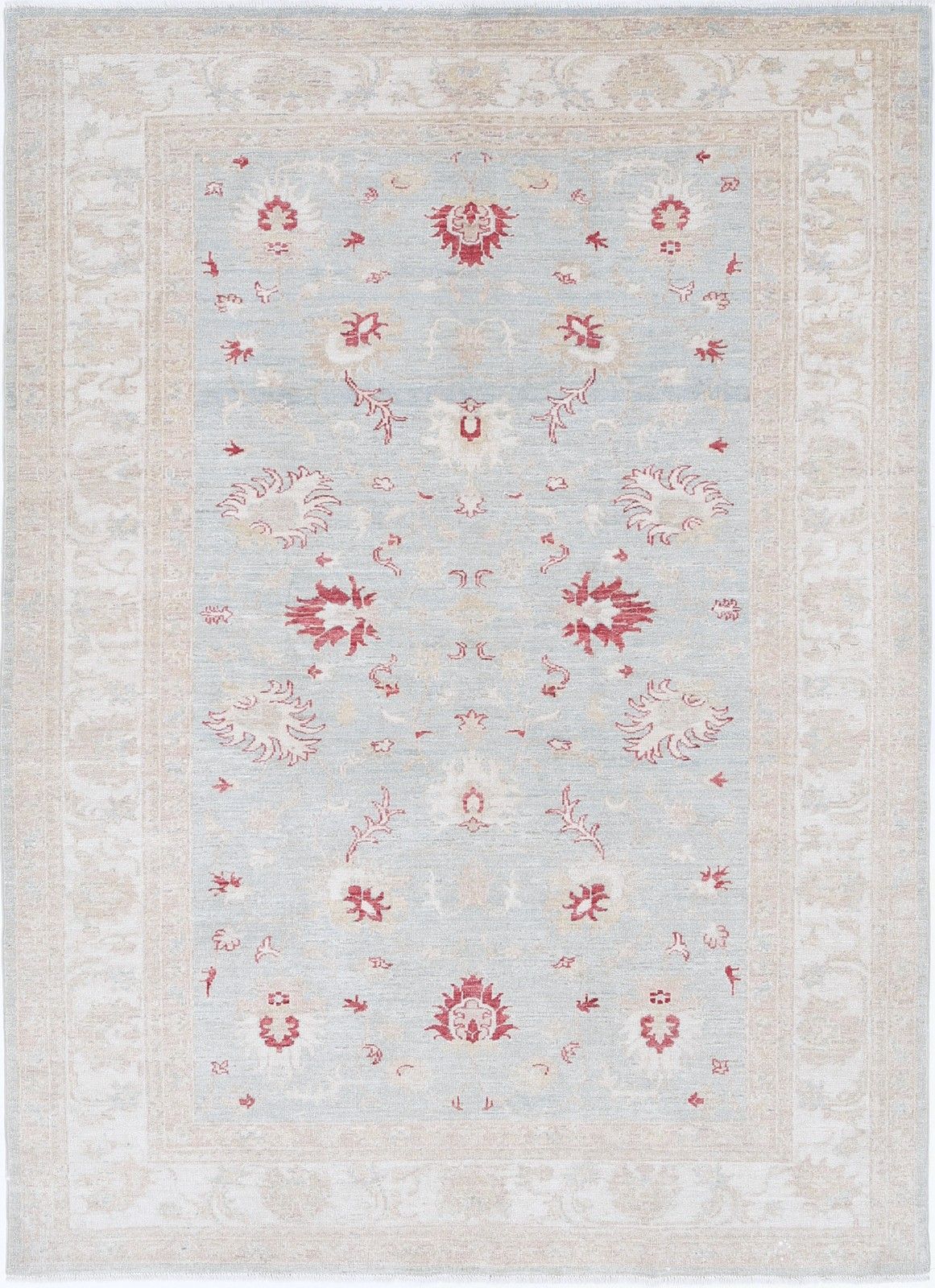 5.8x8.2 Ft Handmade Light Blue, Ivory And Red Wool Area Rug With Floral Design