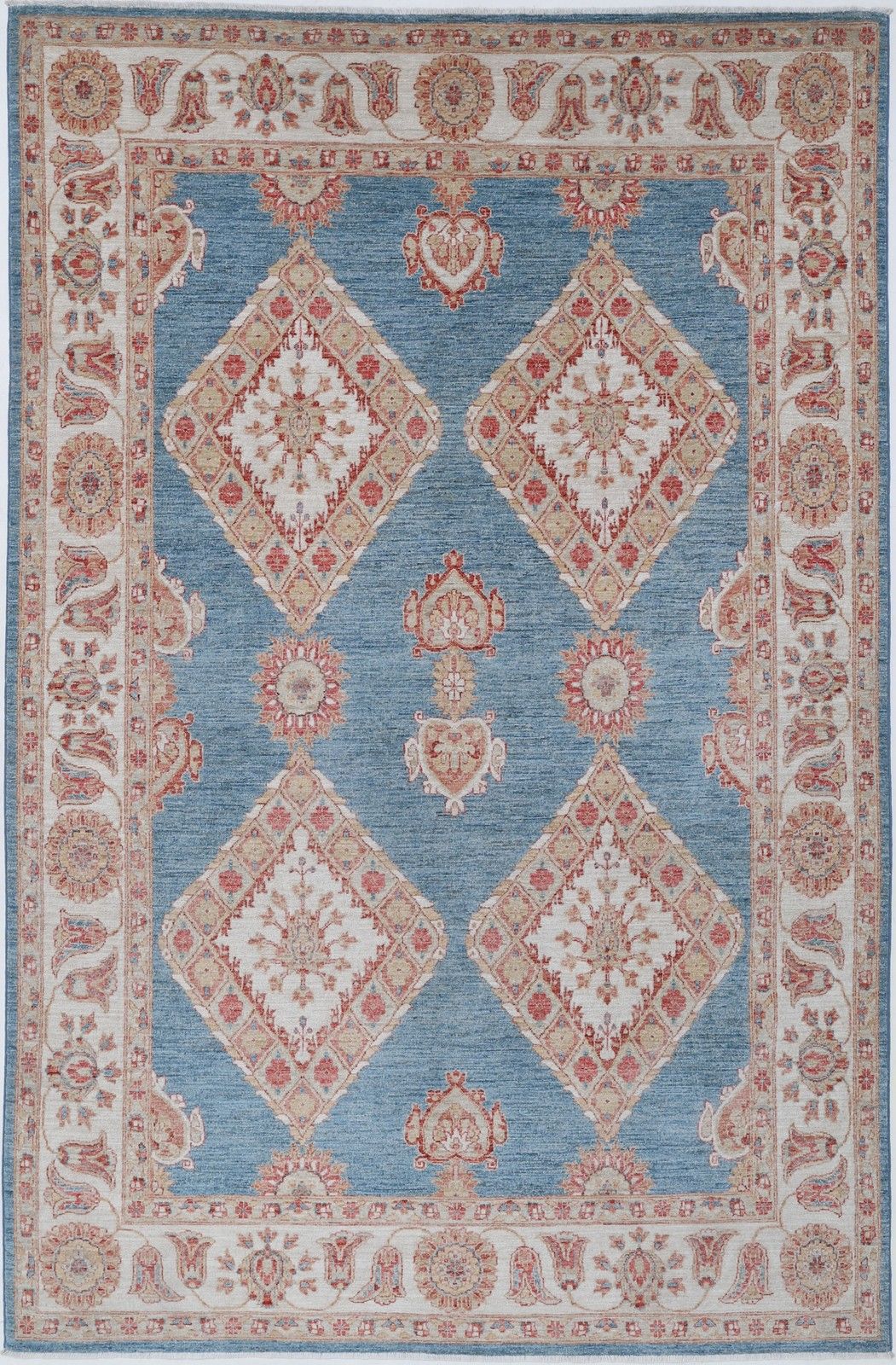 6.6x10.4 Ft Hand Knotted Light Blue, Ivory & Blush Rug. Diamond Geometric Design