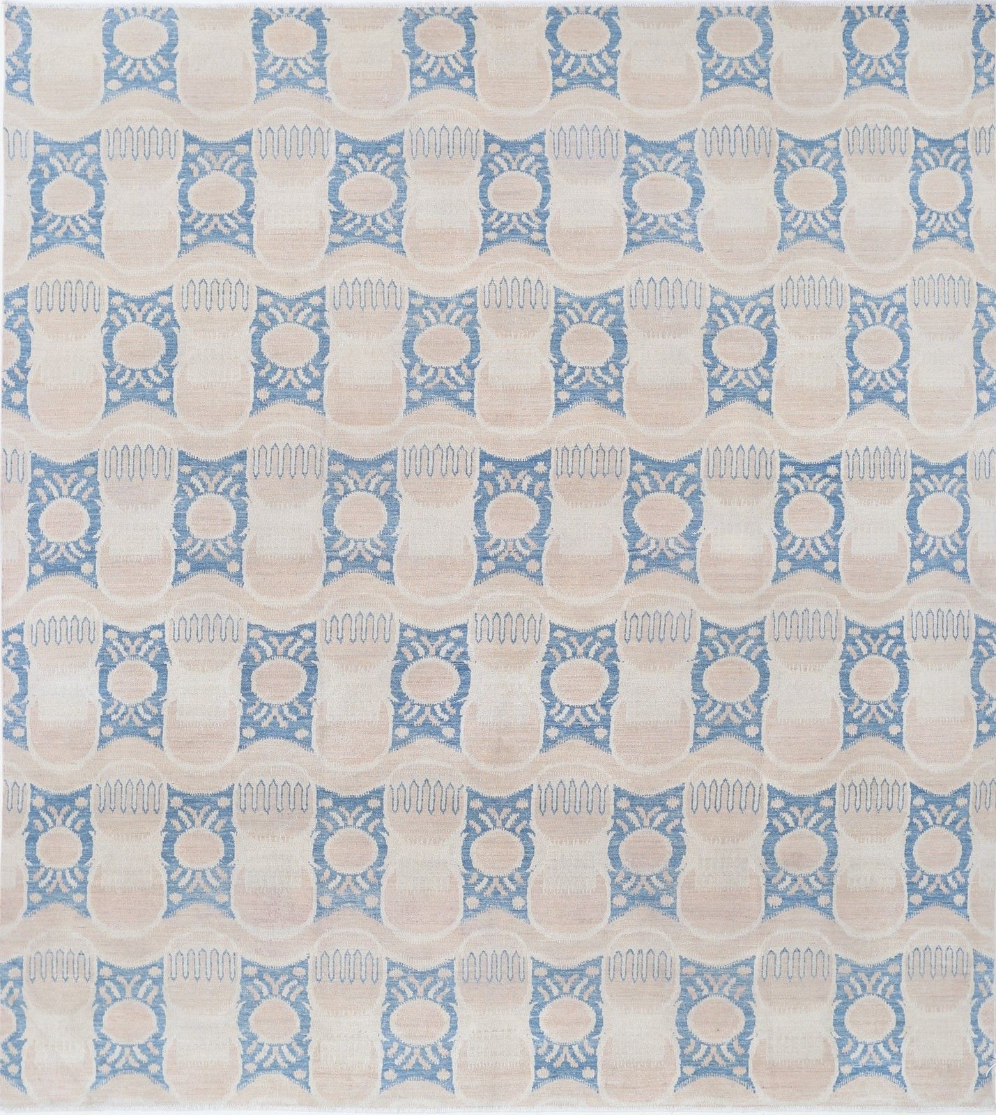 8x9.2 Ft Handmade Beige And Light Blue Rug. Geometric Repeating Design Carpet