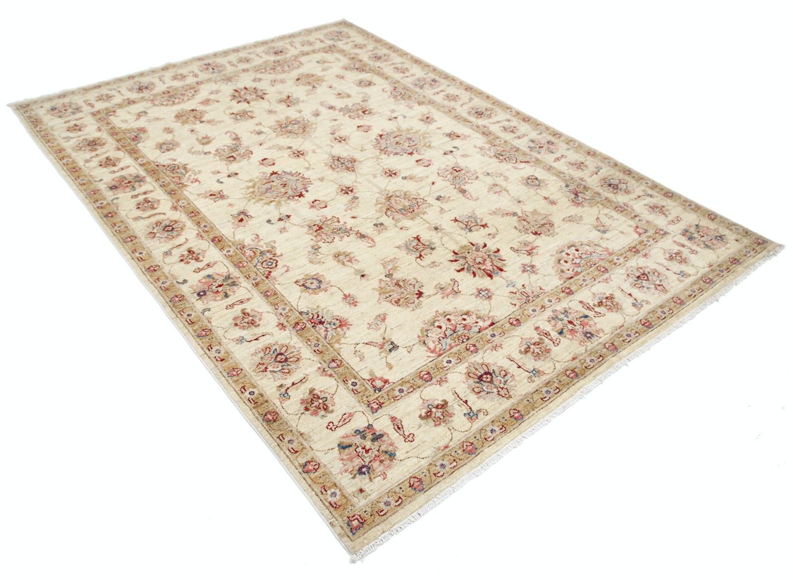Tapis Oushak en laine beige, noué à la main, motif floral sur fond uni, 1,71 x 2,39 m photo furniture