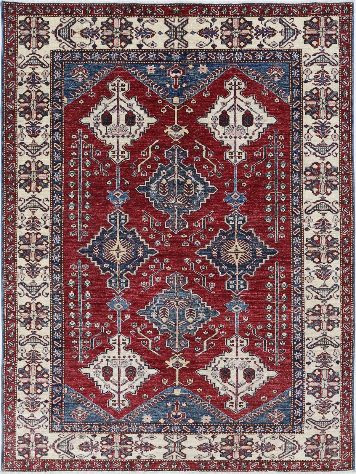 5.8x7.7 Ft Hand Knotted Red, Navy Blue And Ivory Area Rug With Geometric Design