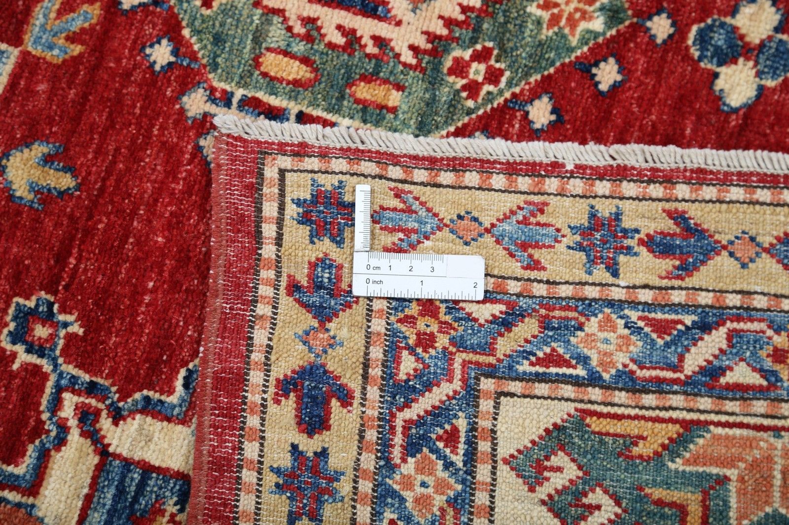 Tapis noué à la main rouge, beige, bleu marine et sauge à motif géométrique, 1,71 x 2,49 m photo buy
