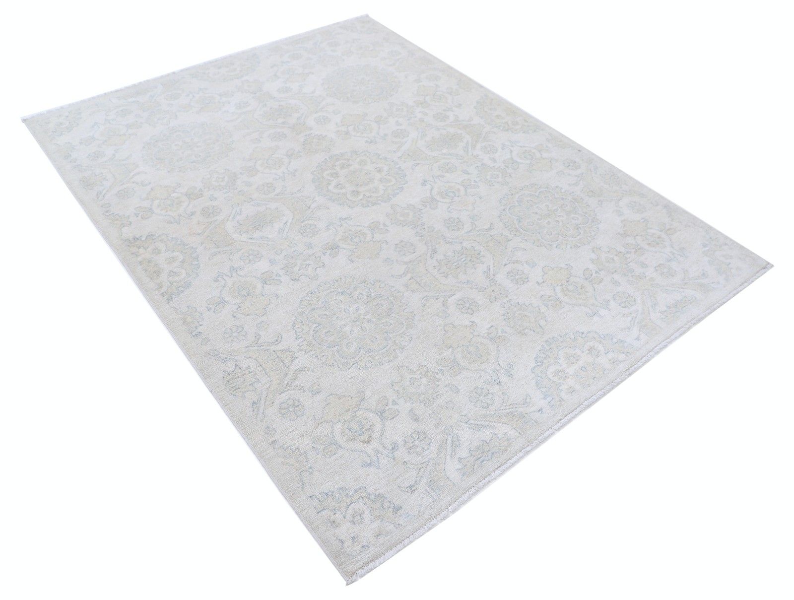 Tapis en laine noué à la main, ivoire et bleu, motif médaillon floral, 1,50 x 2,04 m photo furniture