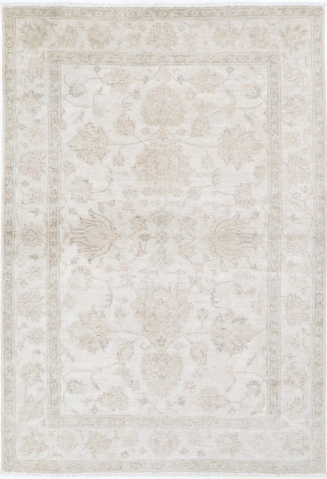 Tapis turc noué à la main à motif floral, 4 x 6 pi. Tapis d'appoint beige, neuf