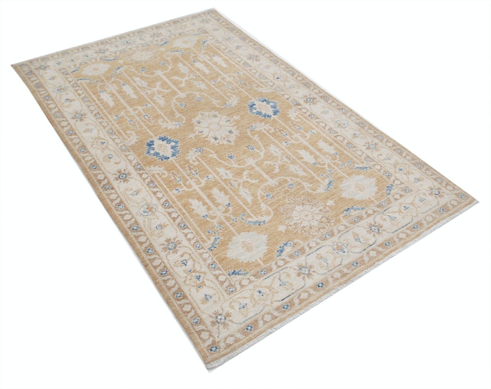 3,8x5,8 ft Handgeknoopt Zacht Rood, Beige en Lichtblauw Bloemen Wollen Vloerkleed photo furniture