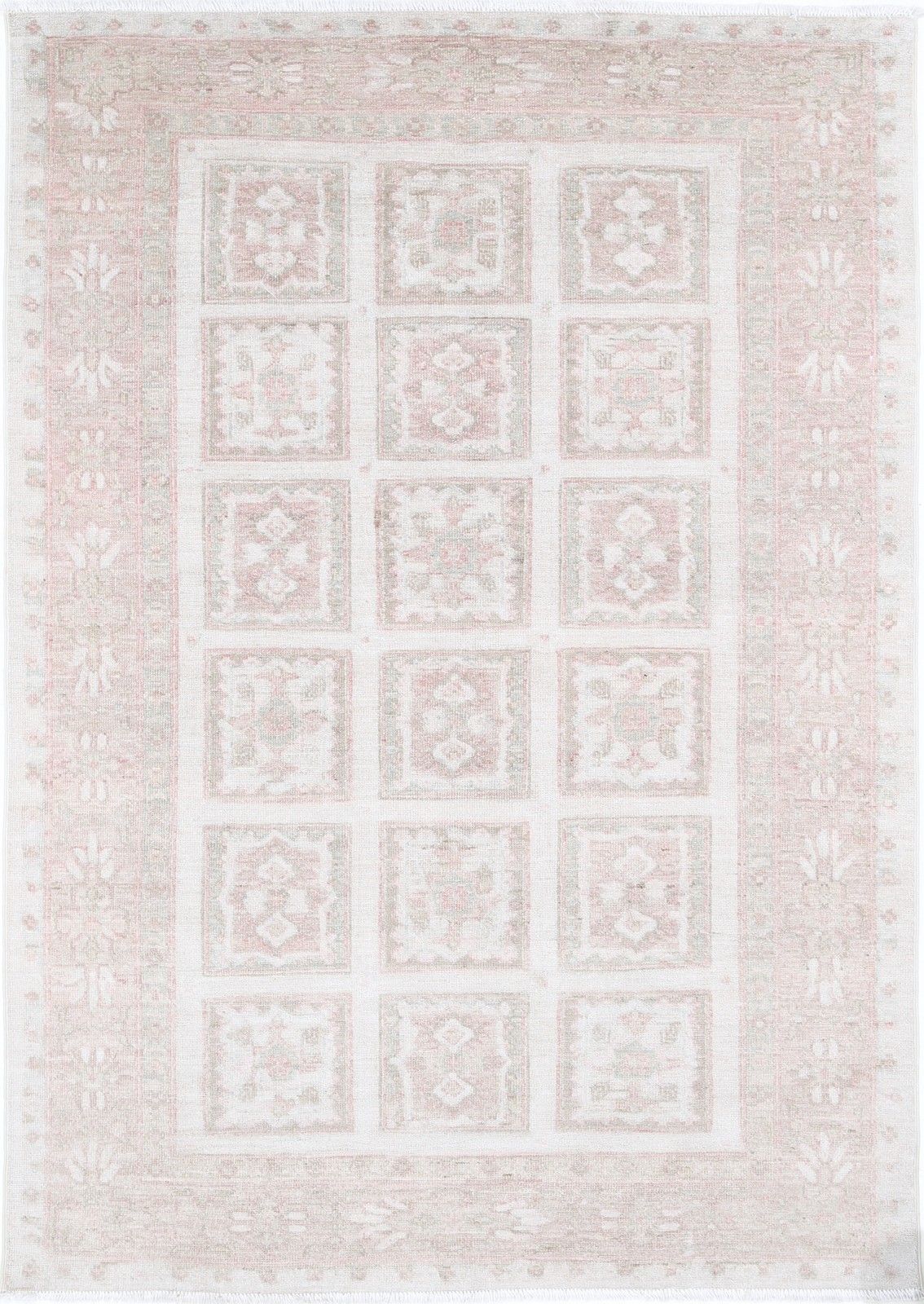 Tapis en laine noué à la main, motif à panneaux, rose poudré et ivoire - 120 x 173 cm