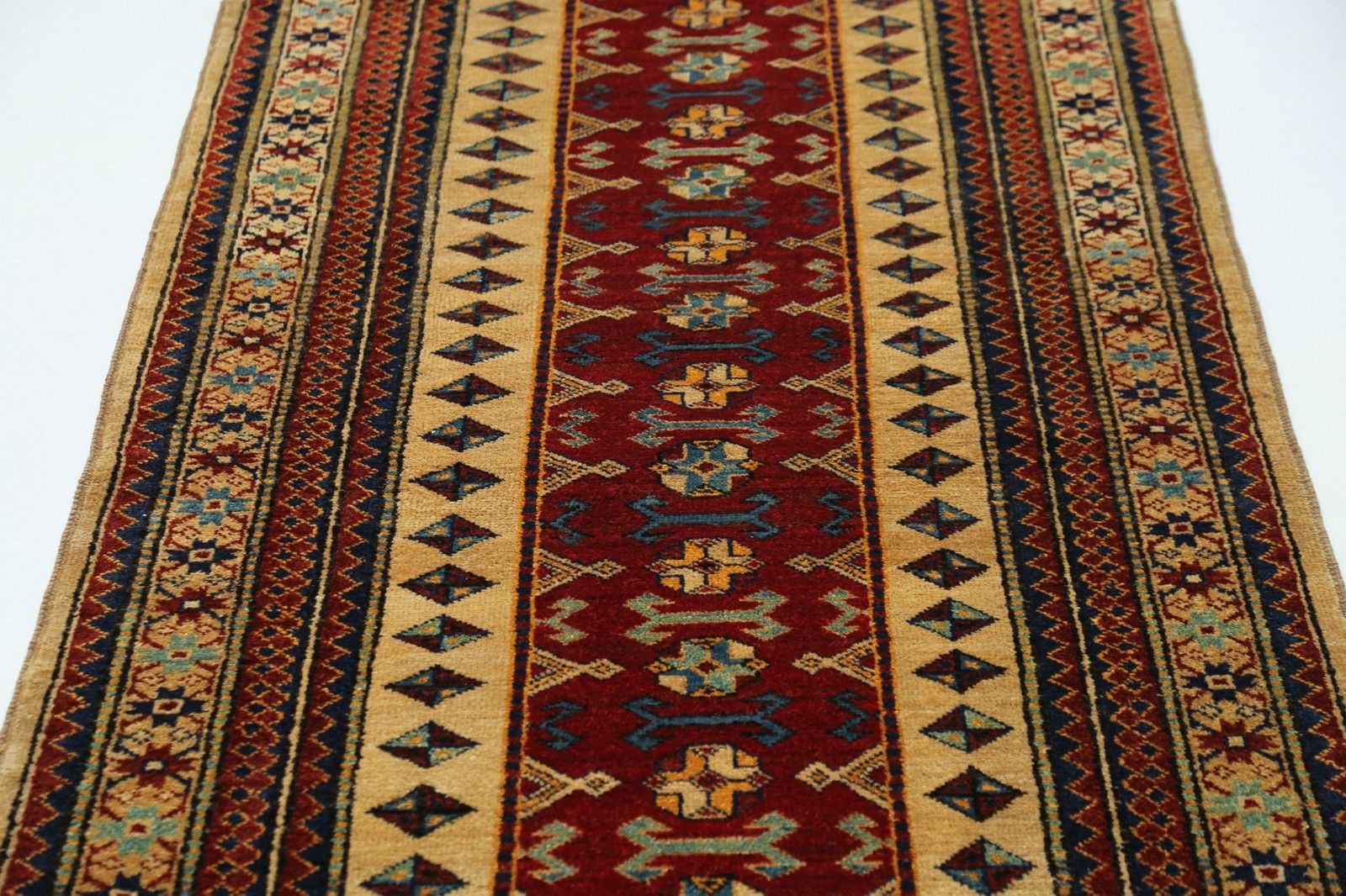 3,2 x 9,7 ft handgeknoopt loper, rood, marineblauw en beige. Tribale gangloper photo 1494.0