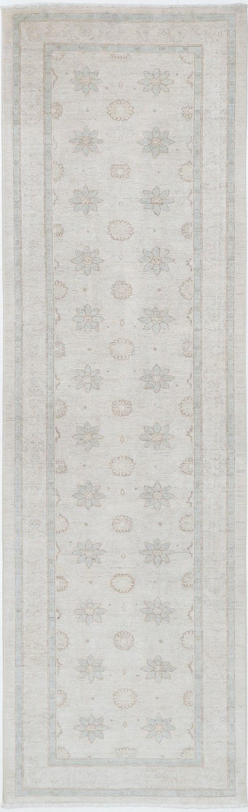 3x10.6 Ft Hand Knotted Beige Wool Runner Rug. Floral Corridor Rug For Hallway