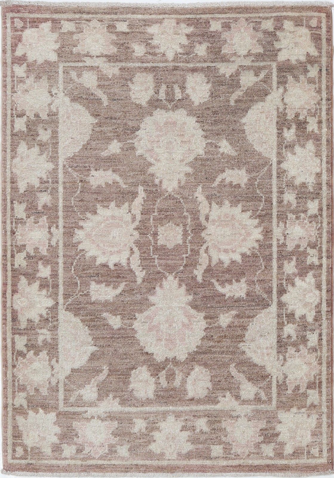 2.2x3.2 Ft Handknotted Brown And Ivory Wool Area Rug. Floral Patterned Small Rug