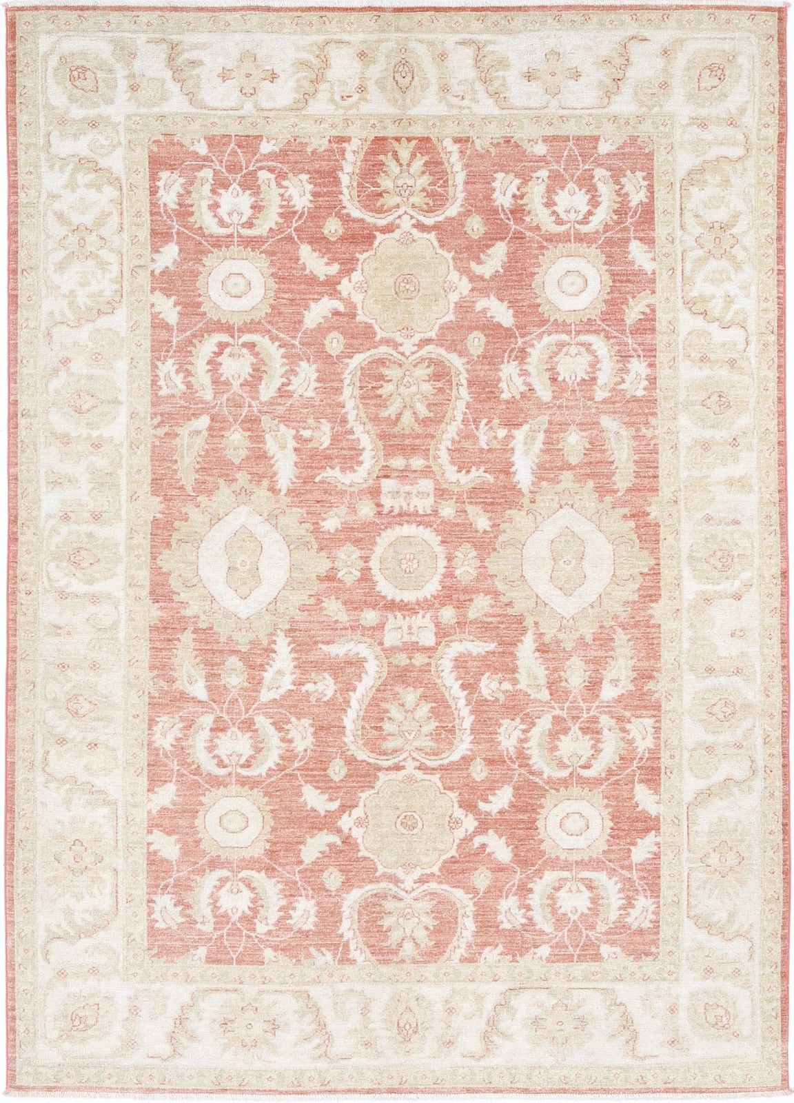 Handgeknoopt Bloemen Oushak Vloerkleed 170 x 240 cm met Rood Veld en Beige Rand