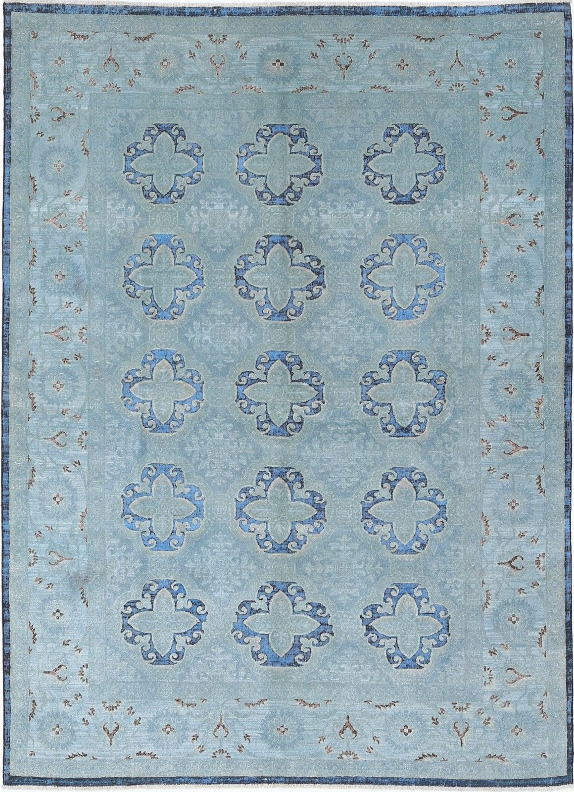 6,2 x 8,6 ft handgeknoopt lichtblauw en marineblauw vloerkleed, klaverblad medaillondesign