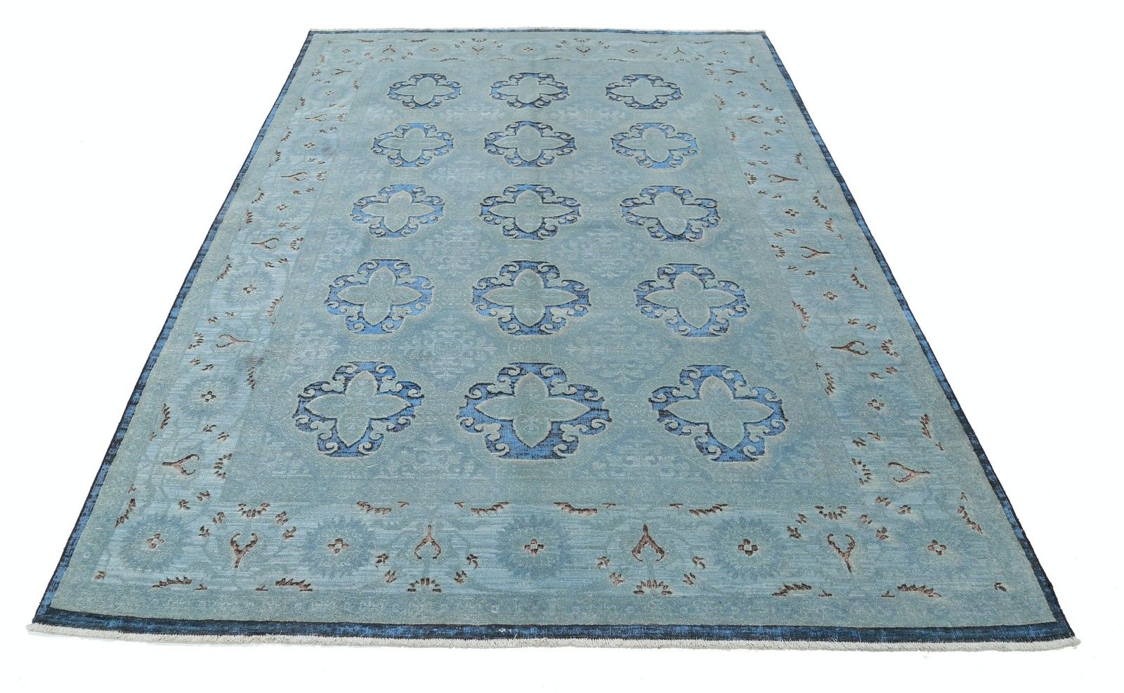 6,2 x 8,6 ft handgeknoopt lichtblauw en marineblauw vloerkleed, klaverblad medaillondesign photo Textiel