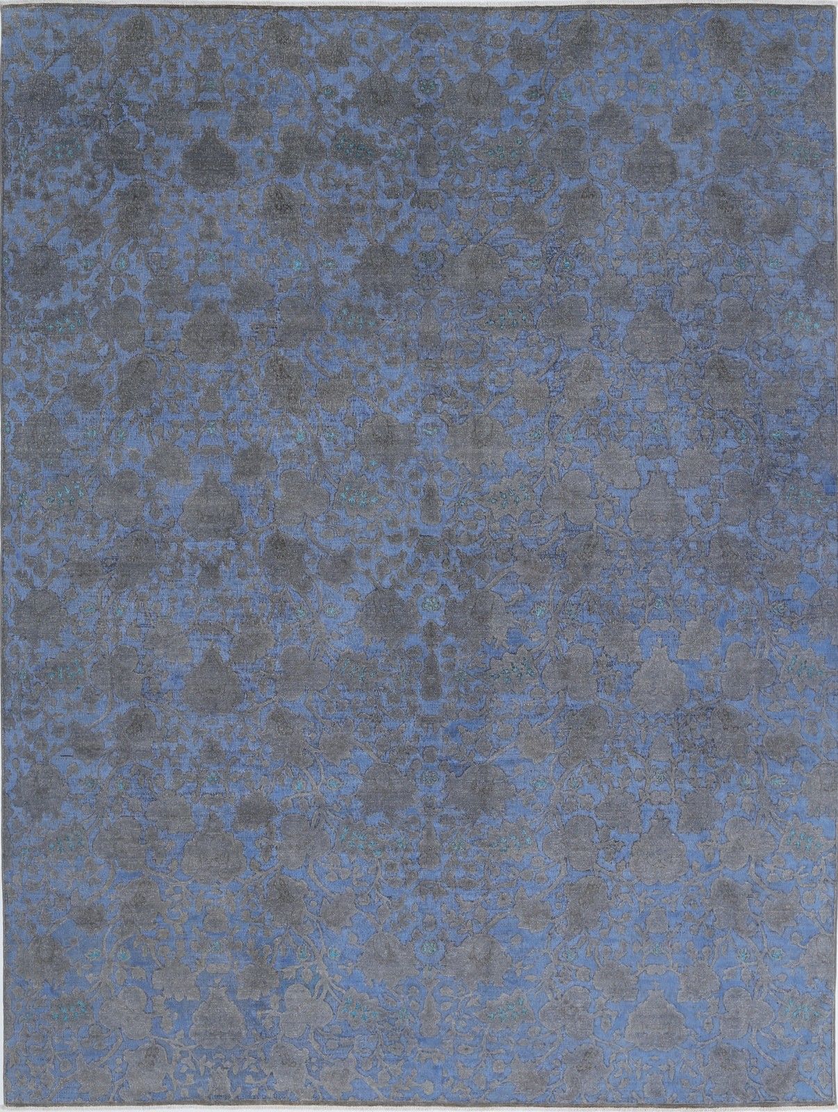 Tapis noué à la main bleu et gris, 2,62 x 3,41 m, motif floral botanique