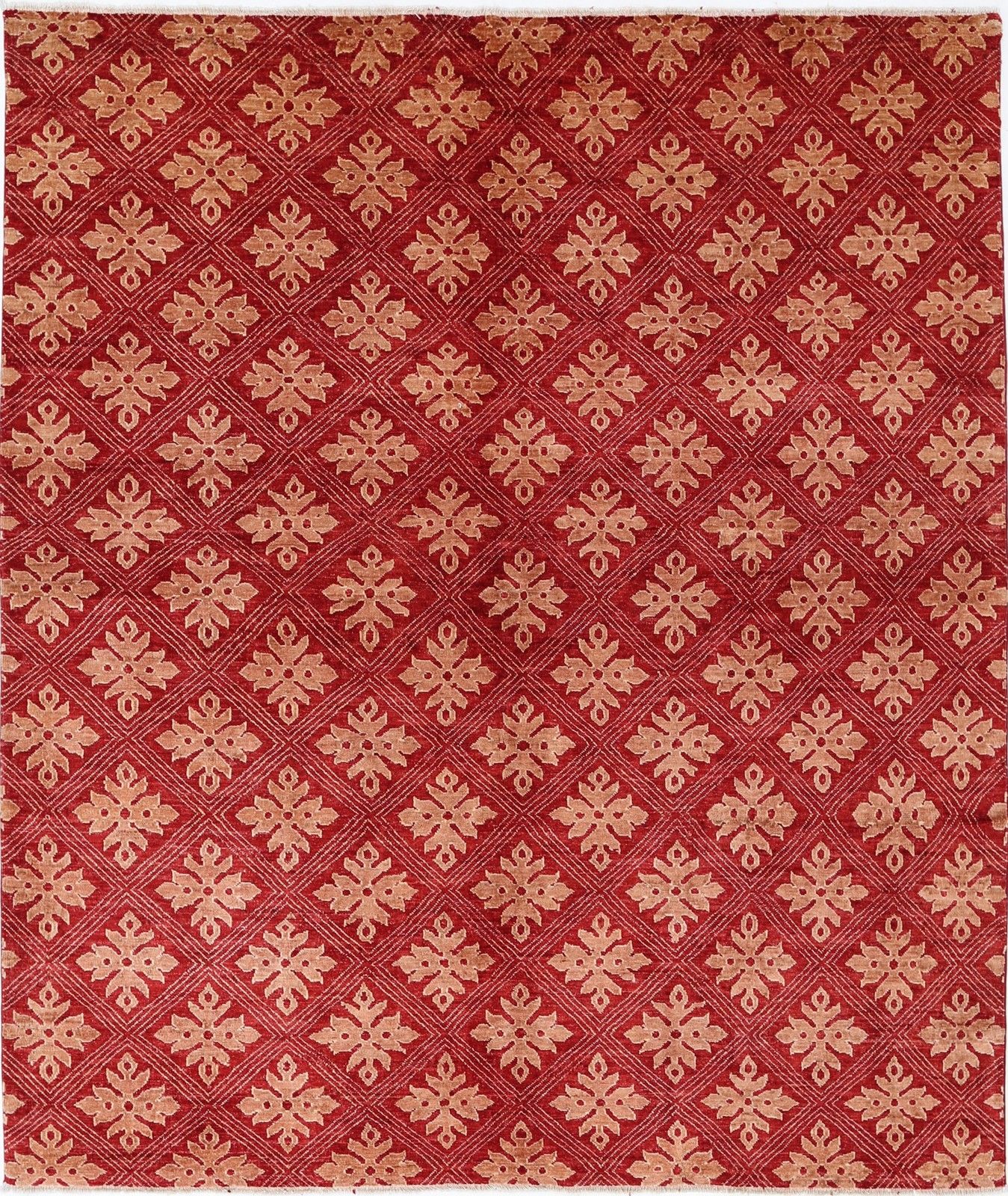 6.8x8 Ft Hand Knotted Red And Beige Area Rug. Repeating Geometric Design Carpet