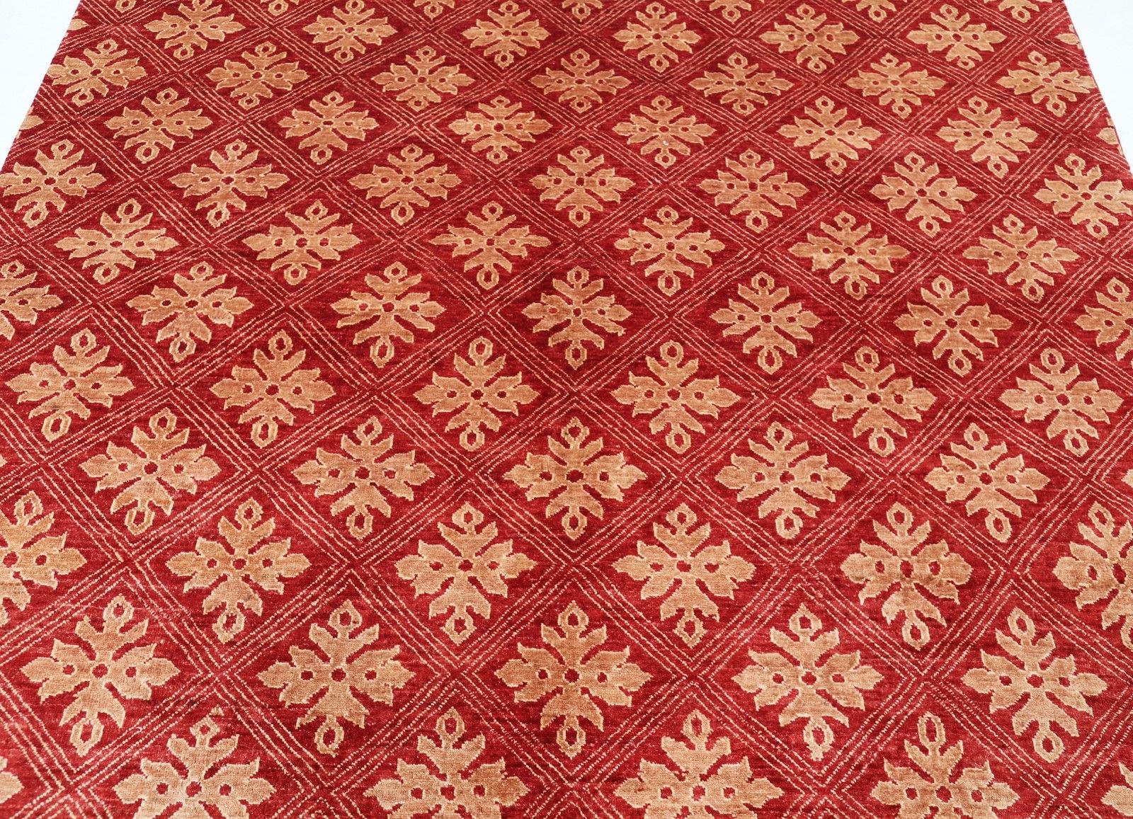 6.8x8 Ft Hand Knotted Red And Beige Area Rug. Repeating Geometric Design Carpet photo 2120.0