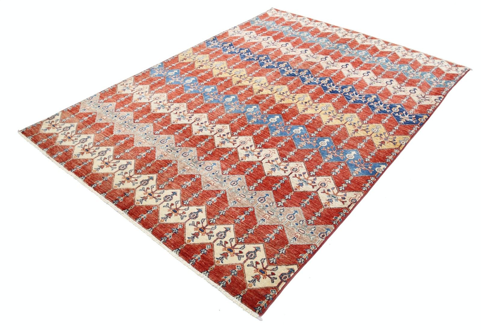 5.5x7.7 Ft Hand Knotted Red, Ivory & Navy Blue Rug With Diamond Geometric Design photo for sale