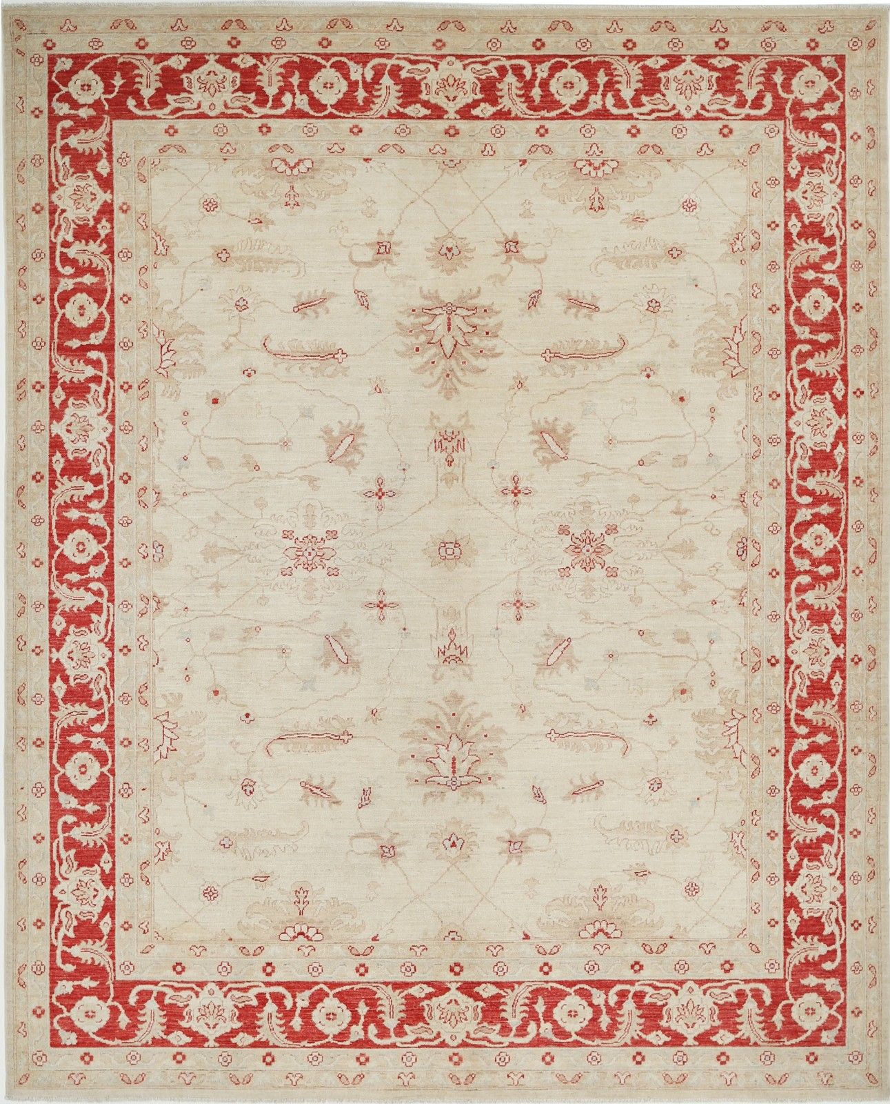 8.2x10.2 Ft Hand Knotted Floral Area Rug With Beige Field And Red Border