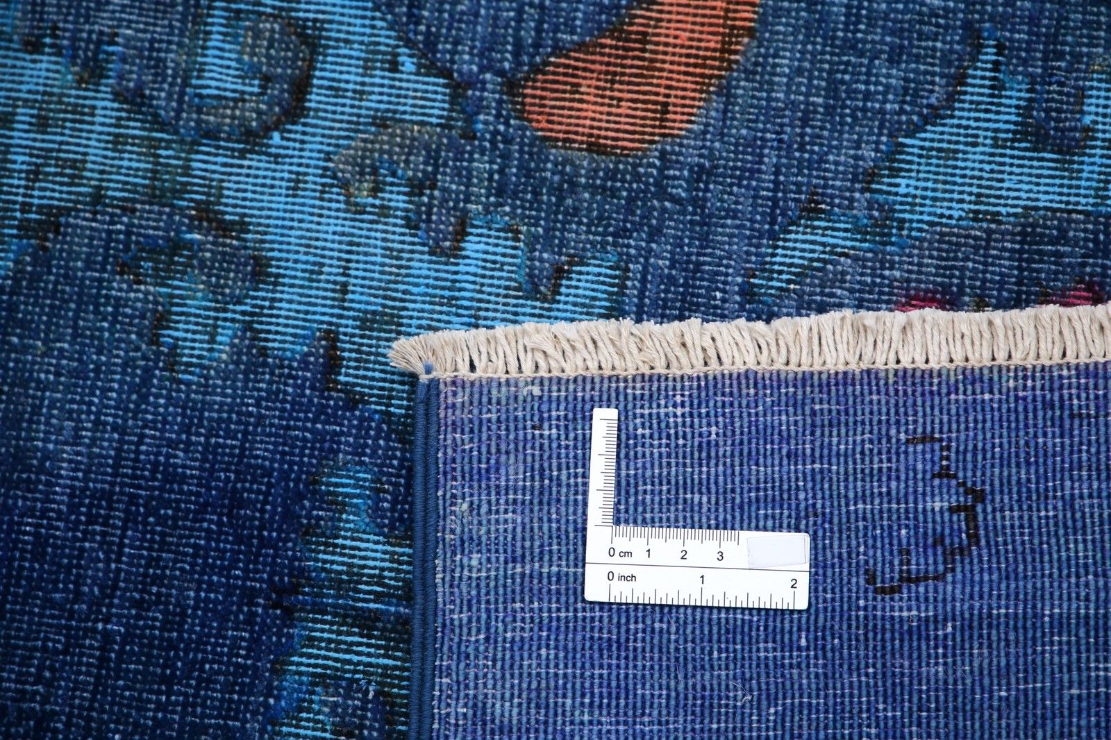 Tapis artisanal bleu marine, turquoise et rouille, 8 x 9,4 pi, motif floral Damask photo for sale