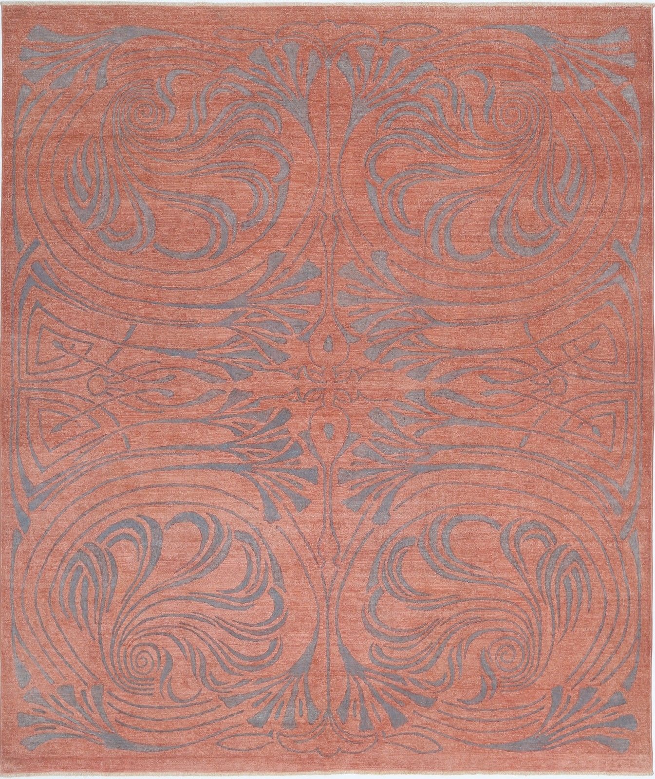 8x9.4 Ft Handmade Terracotta Red And Gray Area Rug. Ornamental Abstract Carpet