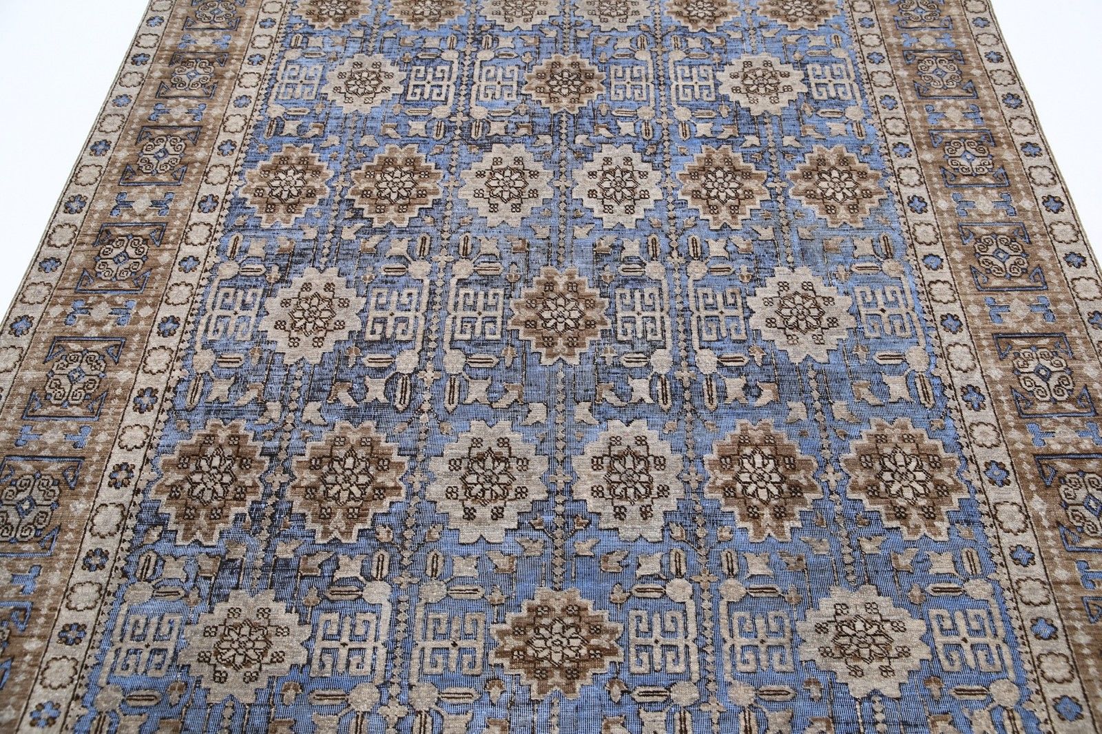 6x8.6 Ft Hand Knotted Light Blue, Taupe & Ivory Rug With Geometric Floral Design photo 3039.0