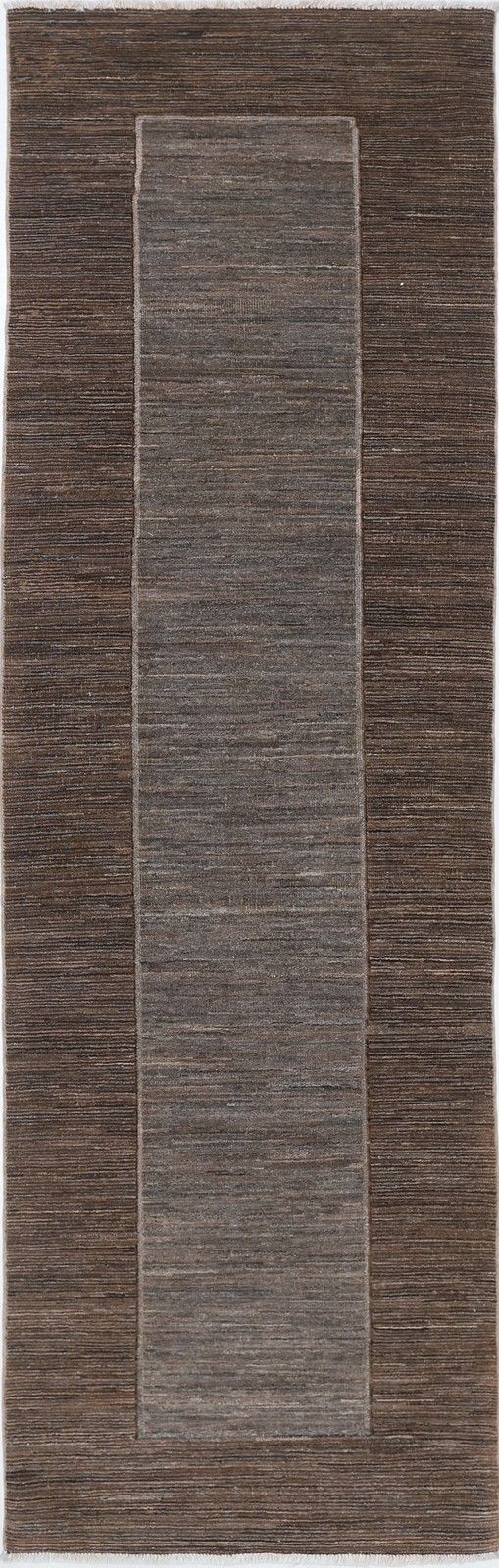 2.7x9.7 Ft Hand Knotted Brown And Gray Runner Rug. Modern Minimalist Hallway Rug