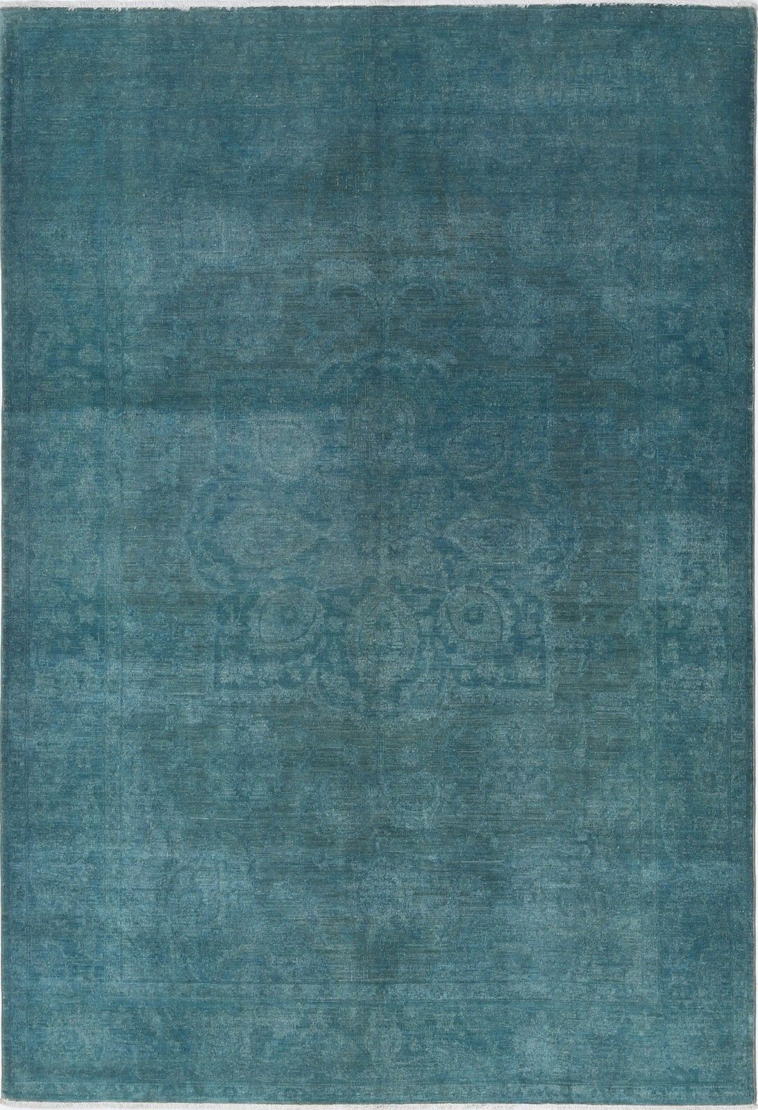 7x10.7 Ft Handknotted Teal Blue Area Rug. Turkish Floral Medallion Design Carpet