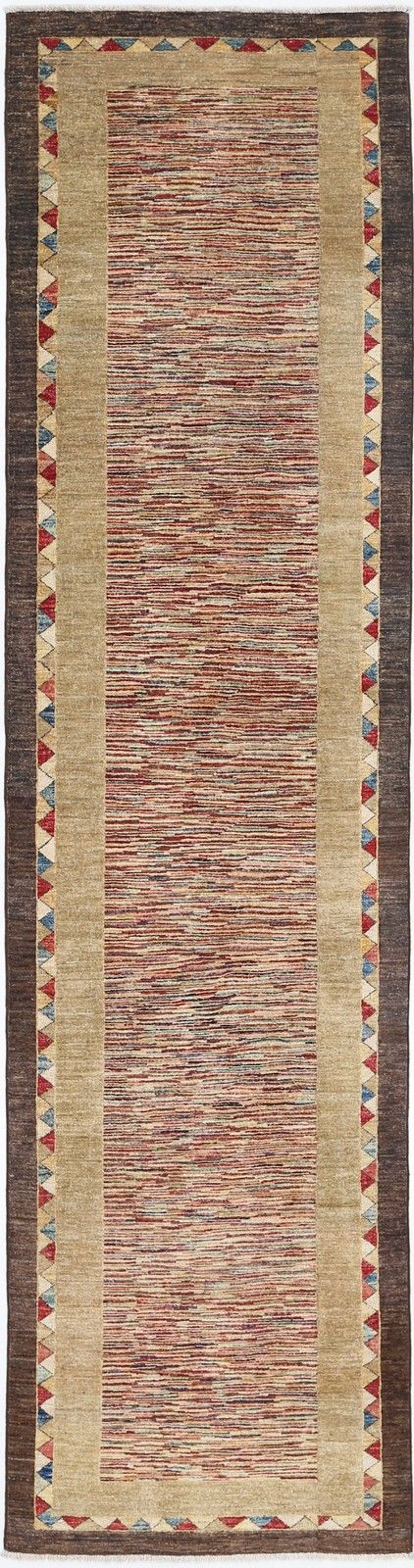 2,8 x 11,5 ft Handgeknoopt Beige, Bruin, Rood Loper voor Keuken. Gangloper