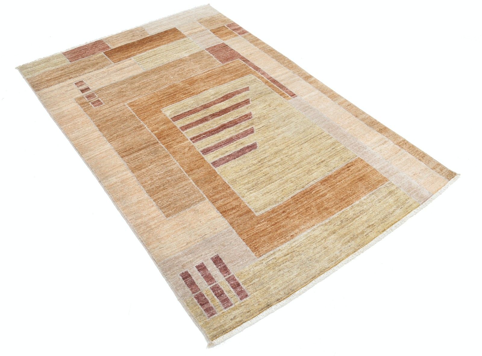 3.8x6 Ft Handmade Beige, Brown And Red Area Rug. Abstract Geometric Design Rug photo furniture