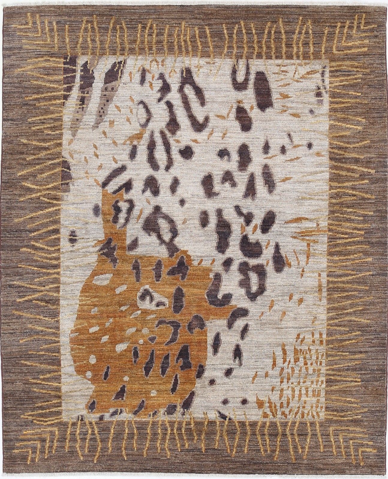 5x6.3 Ft Hand Knotted Brown, Beige And Mustard Area Rug. Abstract Design Carpet