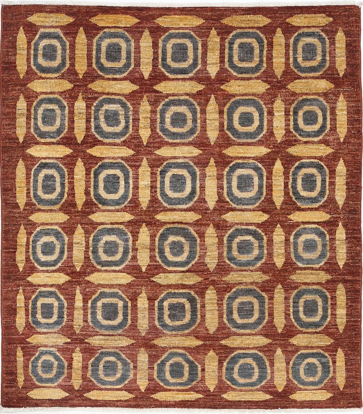 4x4.6 Ft Hand Knotted Rust, Gold And Charcoal Area Rug With Geometric Design