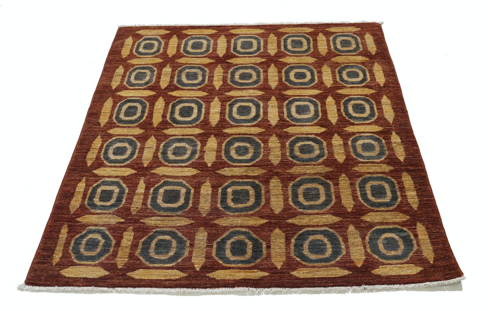 Tapis noué à la main rouille, or et anthracite à motif géométrique, 120 x 138 cm photo Textiles
