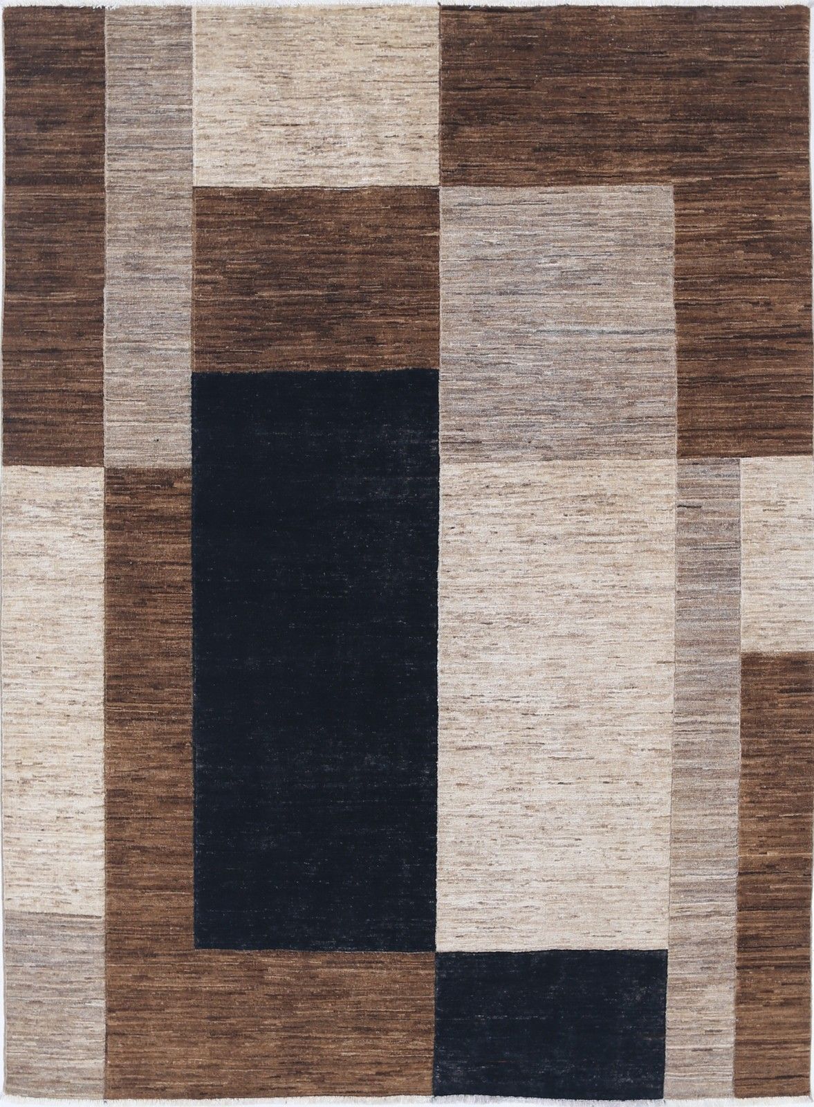 5.3x7.5 Ft Handmade Brown, Beige & Navy Blue Rug. Modern Geometric Block Design