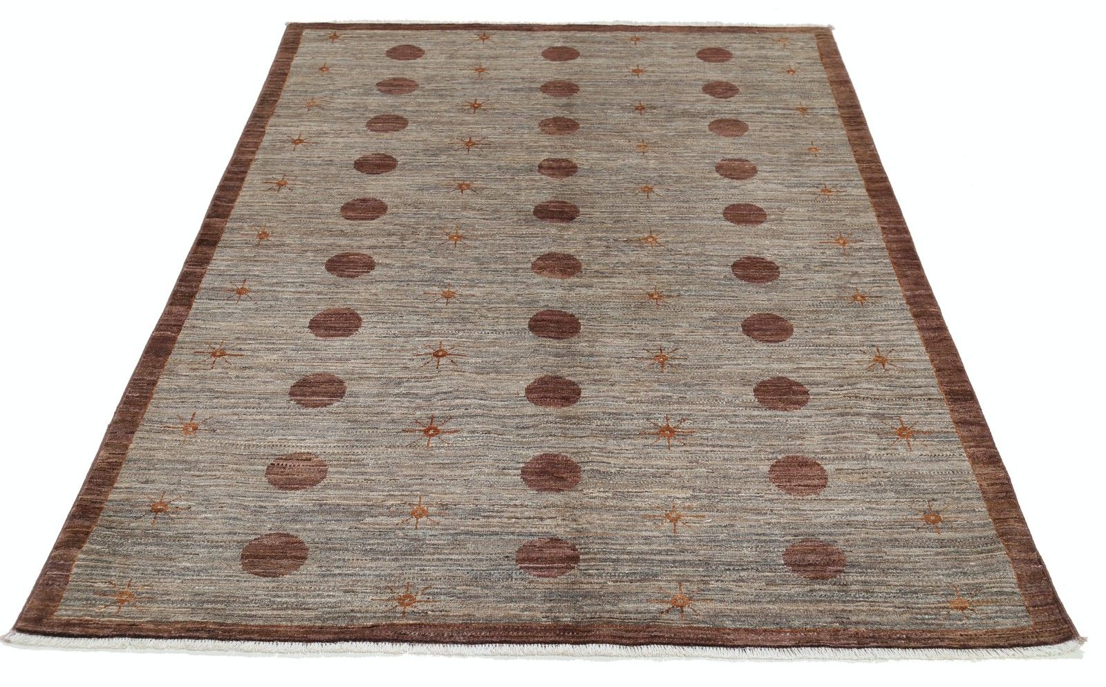 5x6.5 Ft Hand Knotted Beige And Brown Area Rug. Minimal Polka Dot Design Carpet photo Textiles