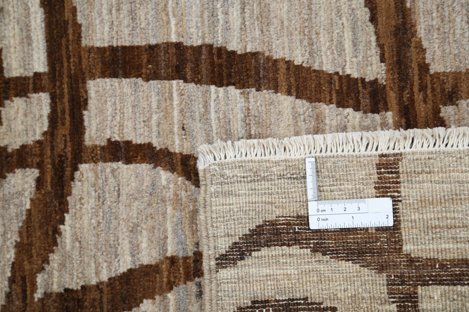 Tapis en laine noué à la main, ivoire et marron, motif linéaire abstrait - 1 x 1,46 m photo buy
