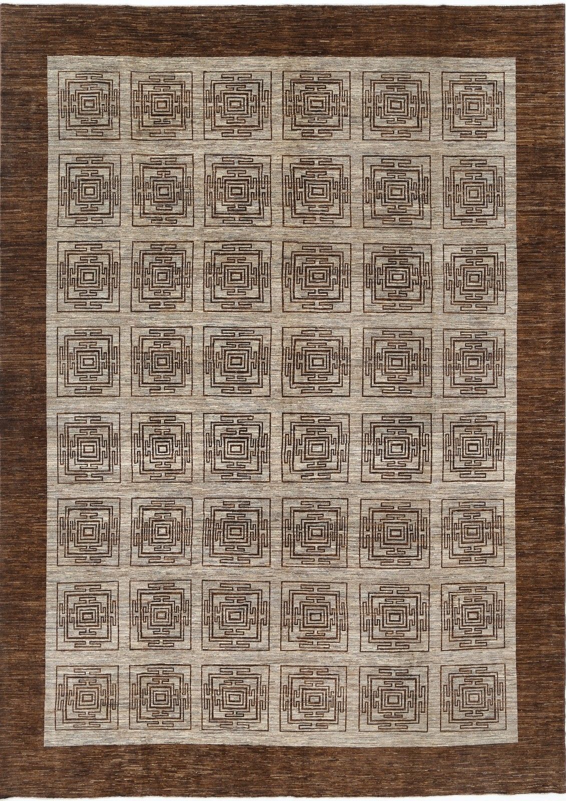 Tapis noué à la main, marron et beige, 9,5 x 13 ft. Motif géométrique à carrés
