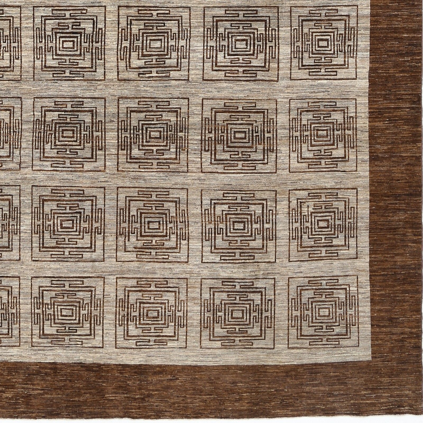 Tapis noué à la main, marron et beige, 9,5 x 13 ft. Motif géométrique à carrés photo vinterior