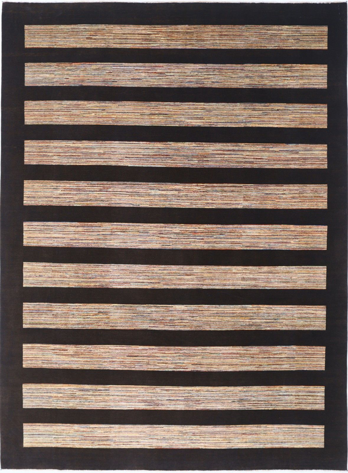 9x12 Ft Handgeknoopt Bruin en Beige Wollen Vloerkleed. Tapijt met Minimalistisch Streepdesign