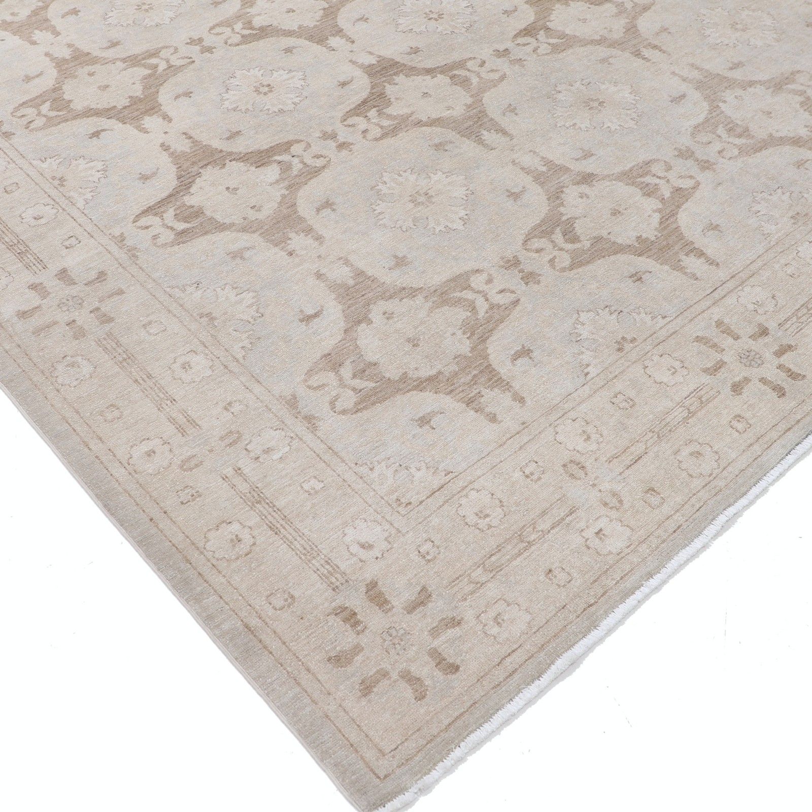 Handgeknoopt beige en taupe vloerkleed, 9x12 ft. Tapijt met herhalend bloemmotief en medaillon photo buy